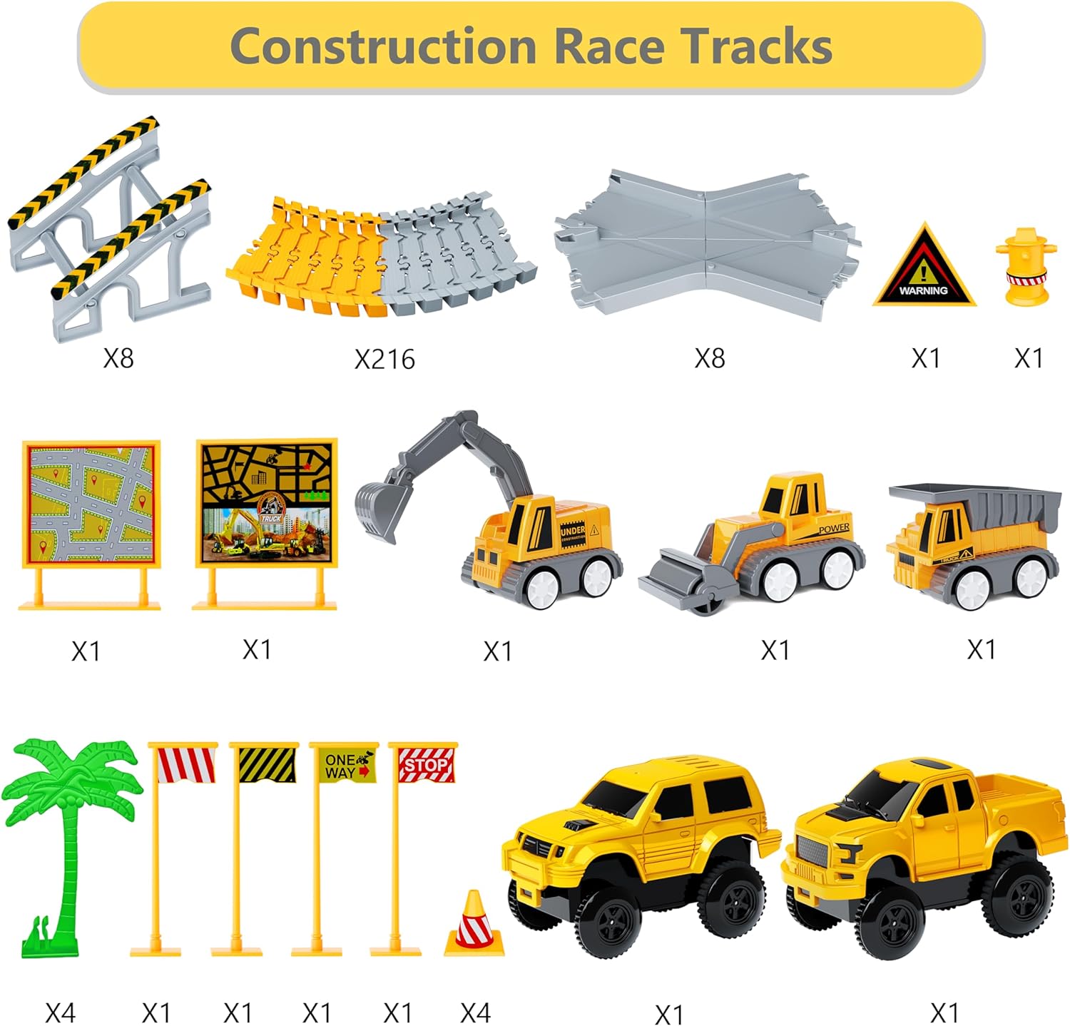 Kids Toys 253 PCS Construction Race Tracks Toy for 3 4 5 6 7 8 Year Old Boys Girls, 5 PCS Construction Truck Car and Flexible Track Play Set Create A Engineering Road Games Toddler Toys Birthday Gifts 24hrsmart